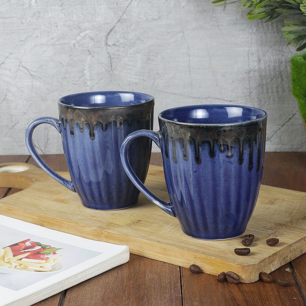 Handcrafted Dual Glazed Studio Pottery Coffee/Tea/Milk Mug Set Of 2 (350 Ml, Microwave & Dishwasher Safe)