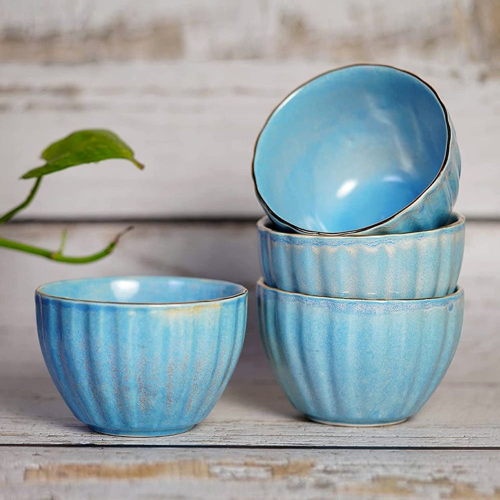 Blue & White Line Textured Ceramic Serving Bowl - Set of 4