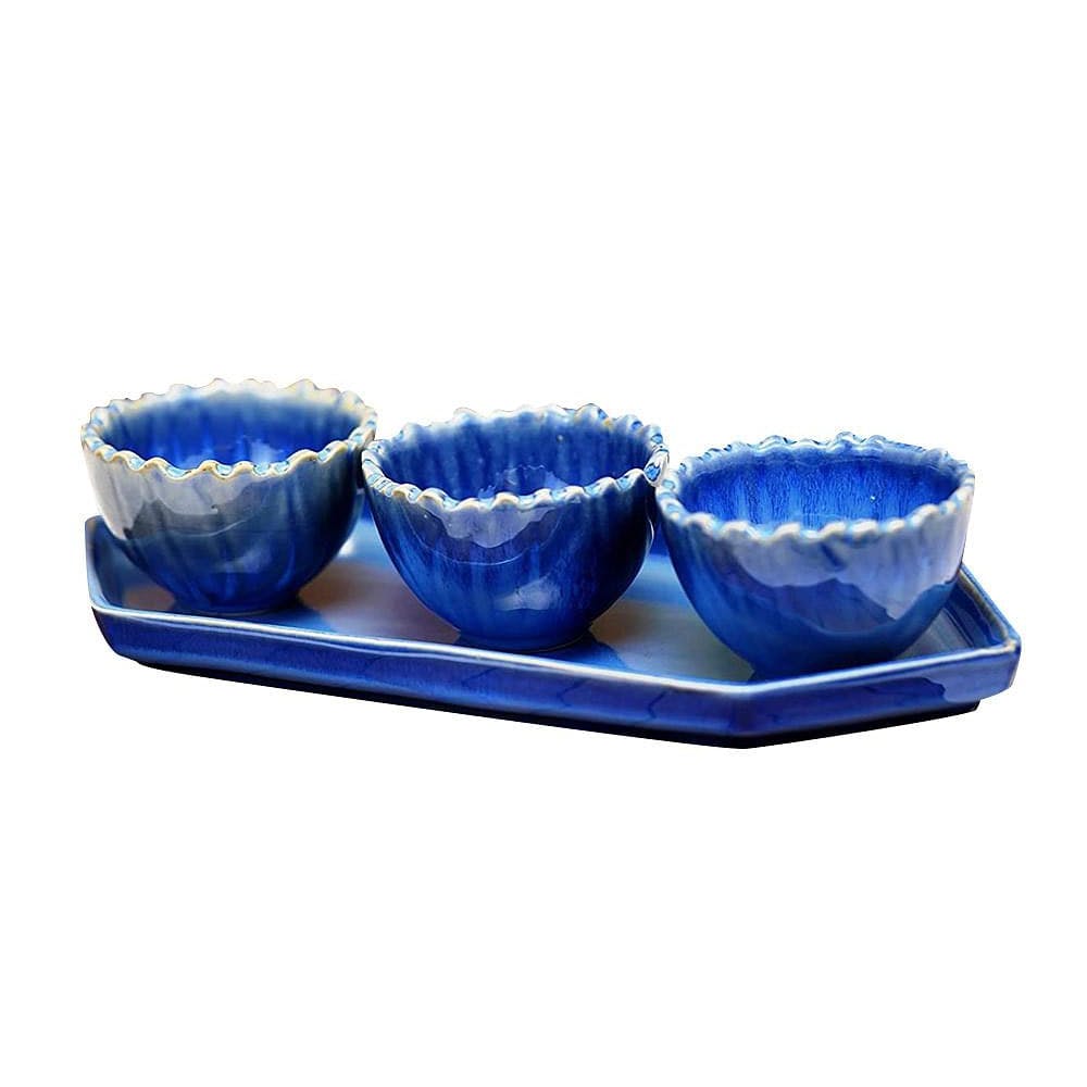 Beautiful Hand-Painted Ceramic Serving Tray with Bowls (Set of 4)