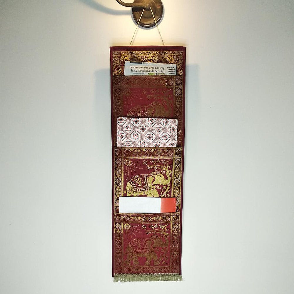 Red Elephant Multi Purpose Silk Wall Hanging Magazine Organiser 3 Pockets