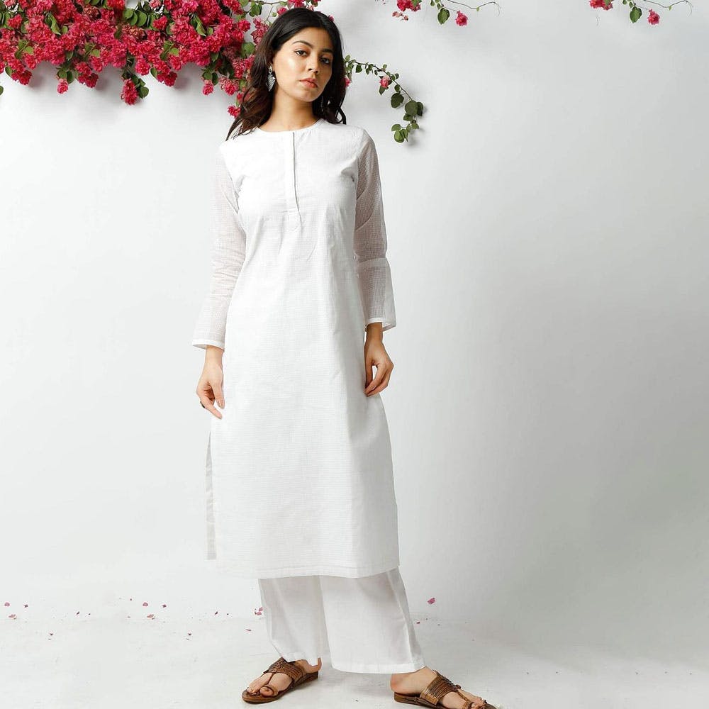 Women Classic Kota White Kurta With Pants Set