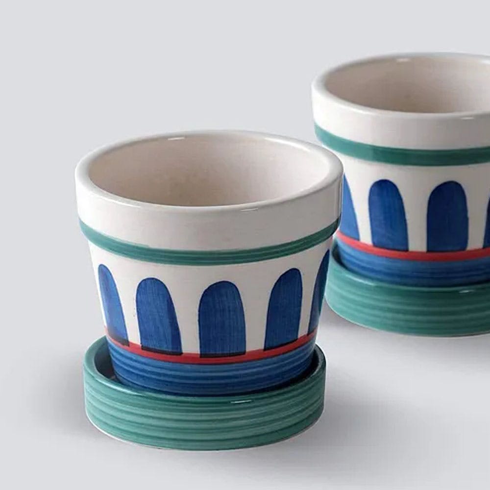 Sea Green Ceramic Abstract Water Planters With Tray