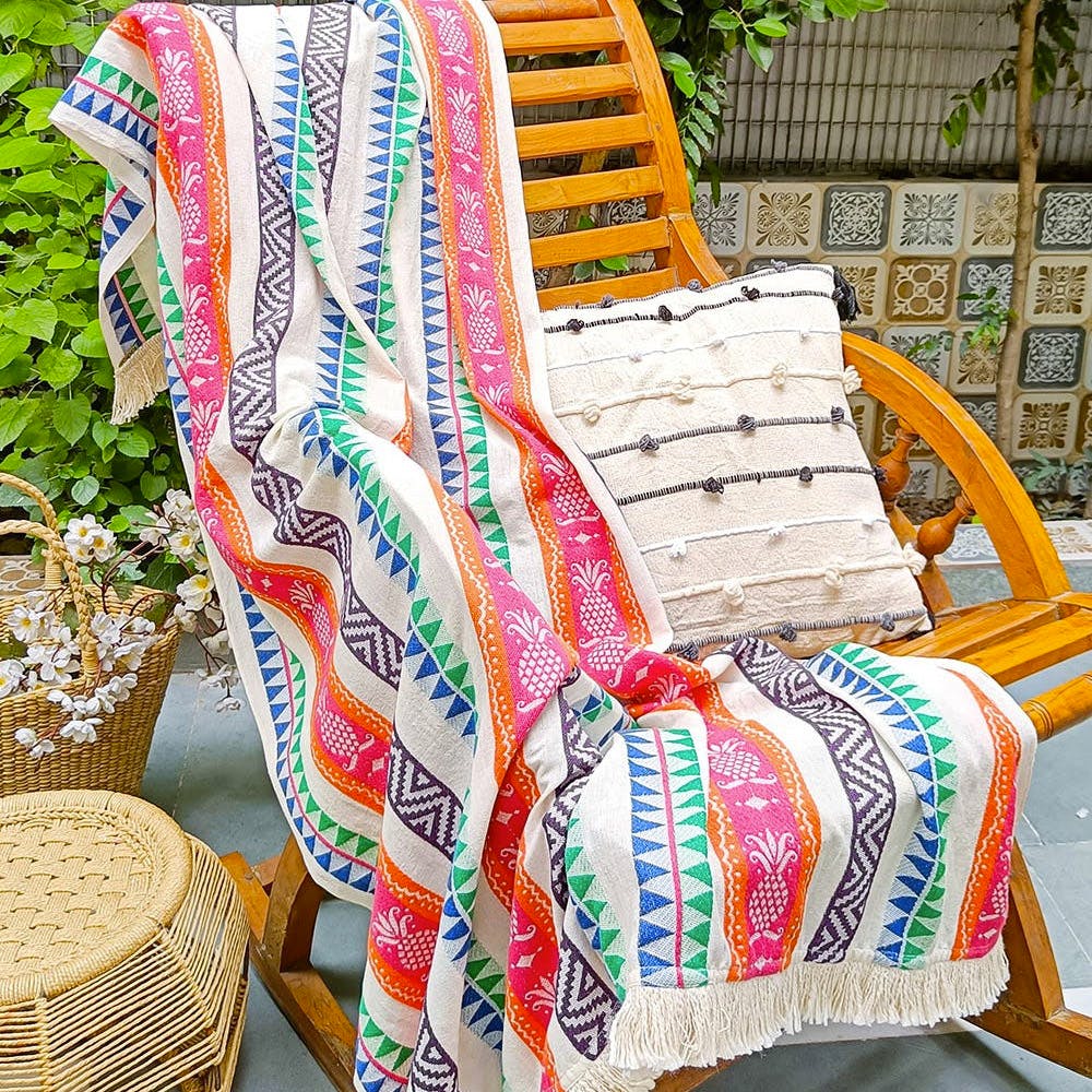 Handloom Jacquard Cotton Throw with Fringe Multicolored