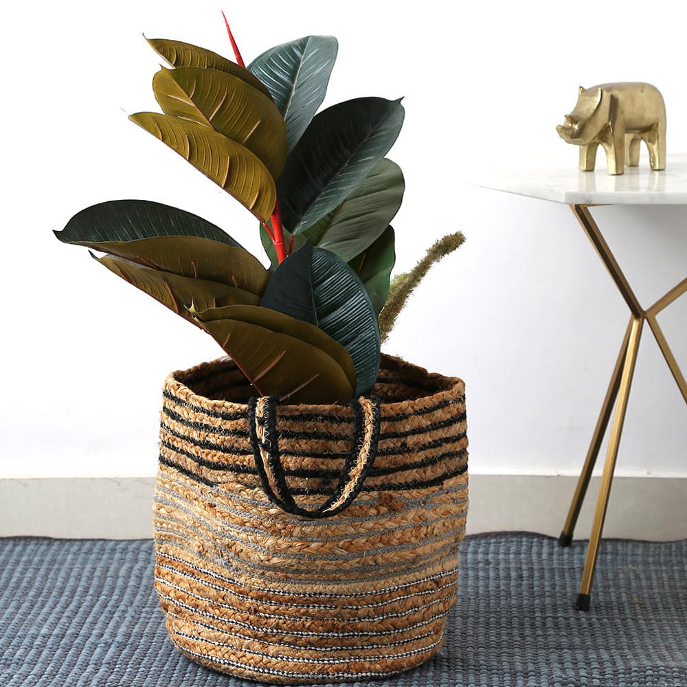 Multi-Utility Jute Basket With Black, White And Grey Weaving