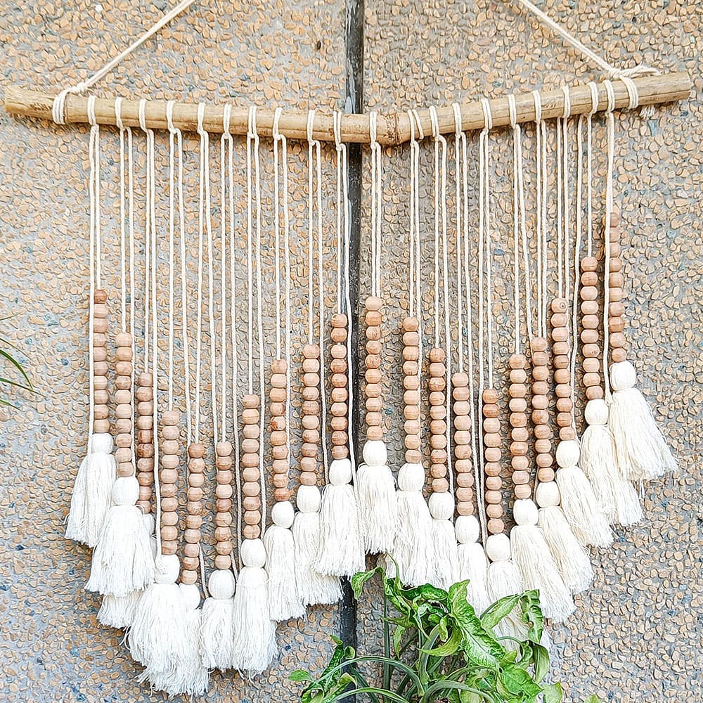 Wood Beads and Tassels Wall Hanging-White