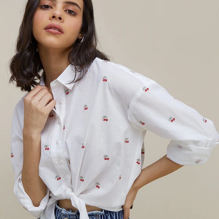 Nuon White Cherry-Printed Casual Shirt