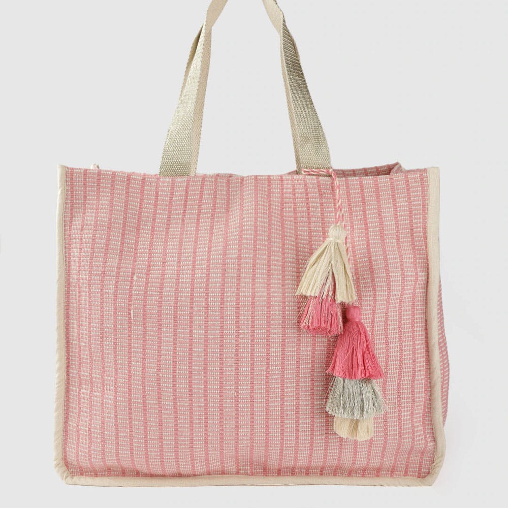 Pink & White Woven Design Tote Bag with Tassels
