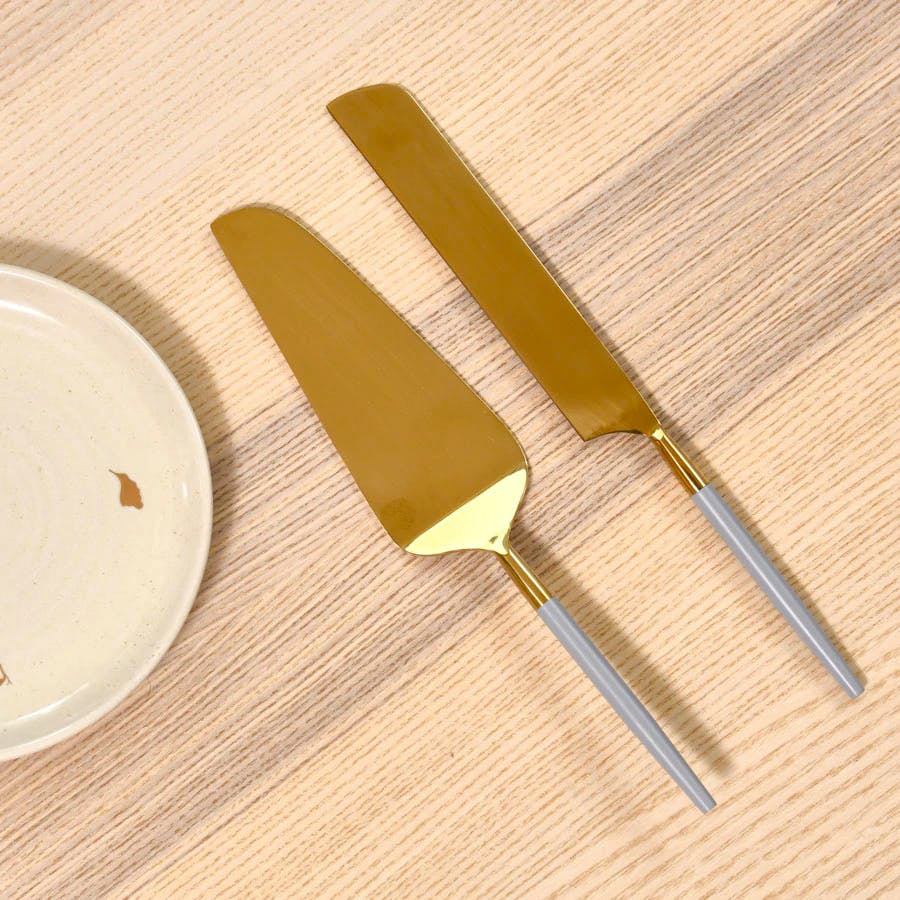 Deux Cake Knife & Server Set - Grey Gold