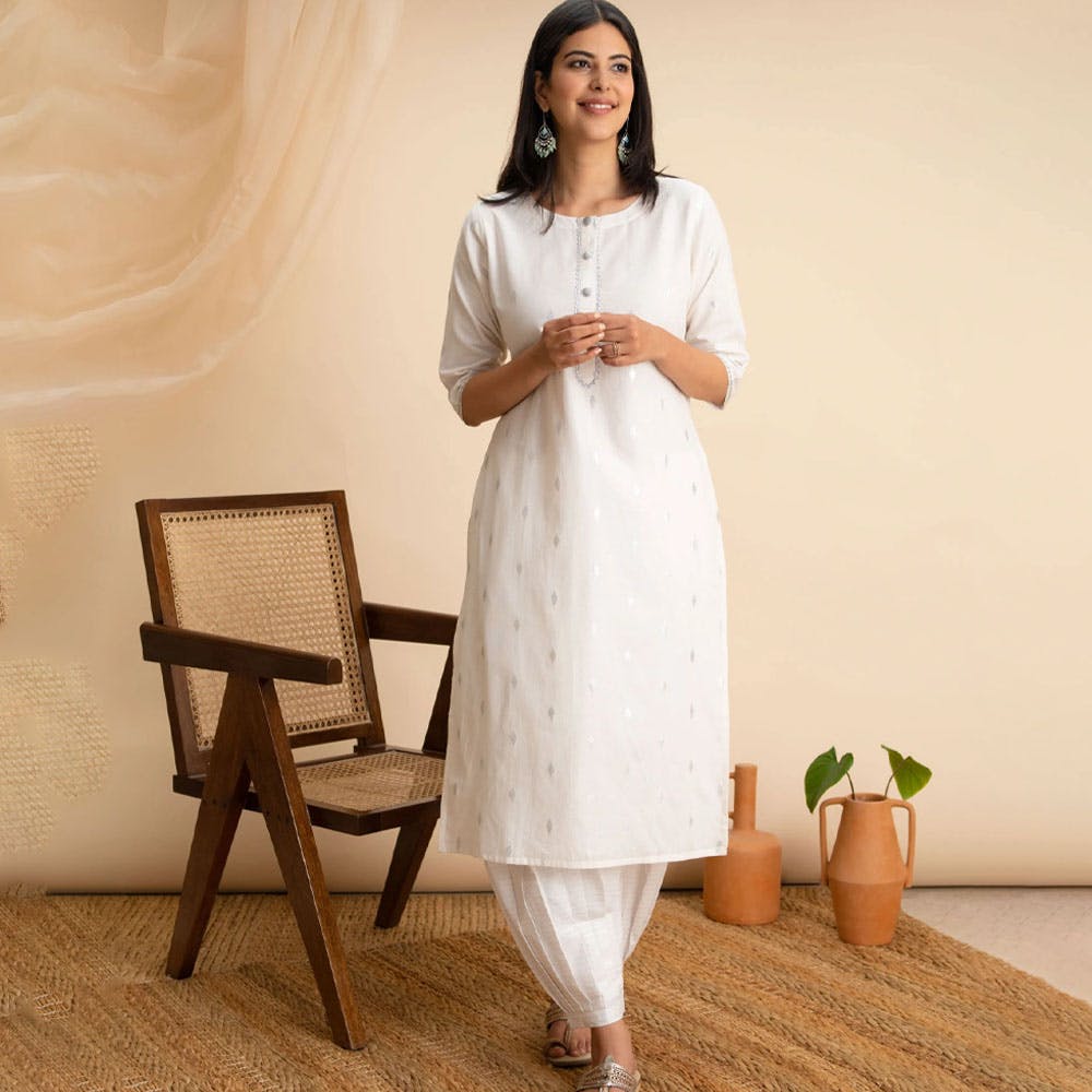 White Woven Design Cotton Kurta