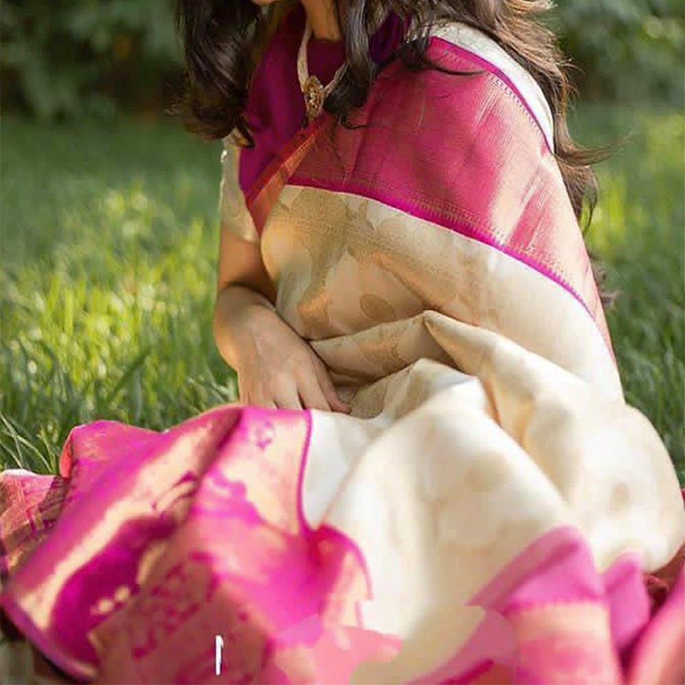 Off-white and Pink Zari Border Saree With Blouse