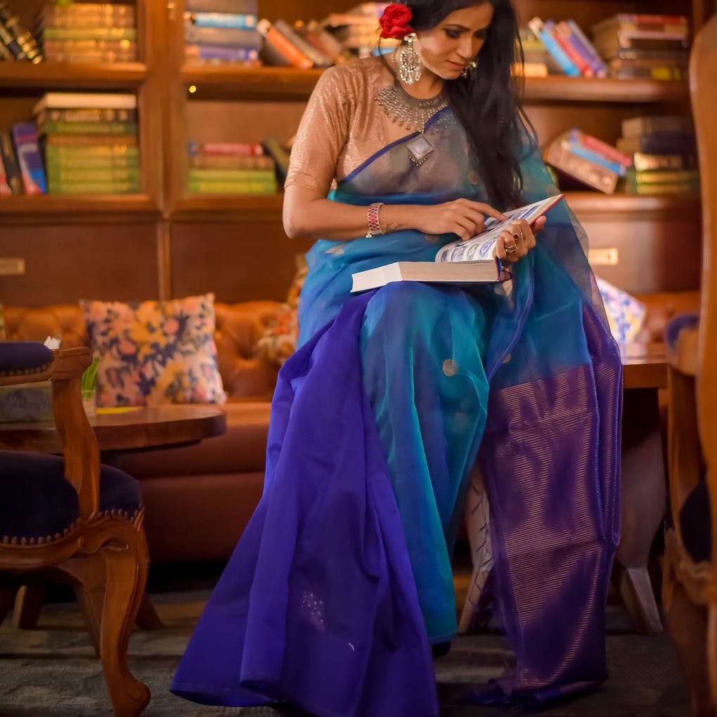 Sapphire Indigo Chanderi Saree With Blouse Fabric