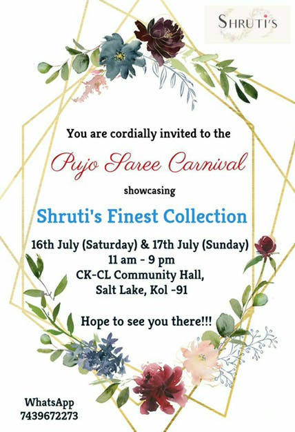 Kolkata skies are already giving us hints of Sharodiya! Yes, Ma asche.

To add to the excitement Shruti’s has organised a Pre- Pujo Saree Carnival on 16th and 17th on July in CK-CL hall, Saltlake!