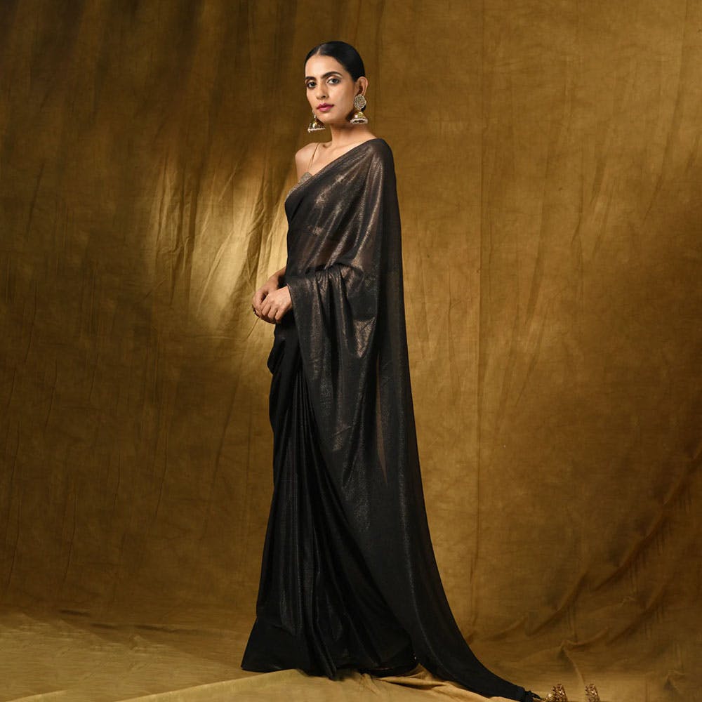 Black Georgette Saree With Floral Self Embroidery And Stones Online at Soch  India