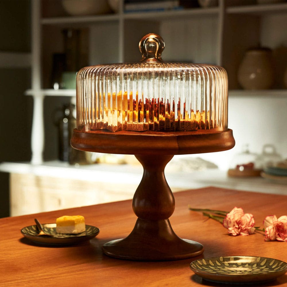Fluted glass cloche with wooden stand
