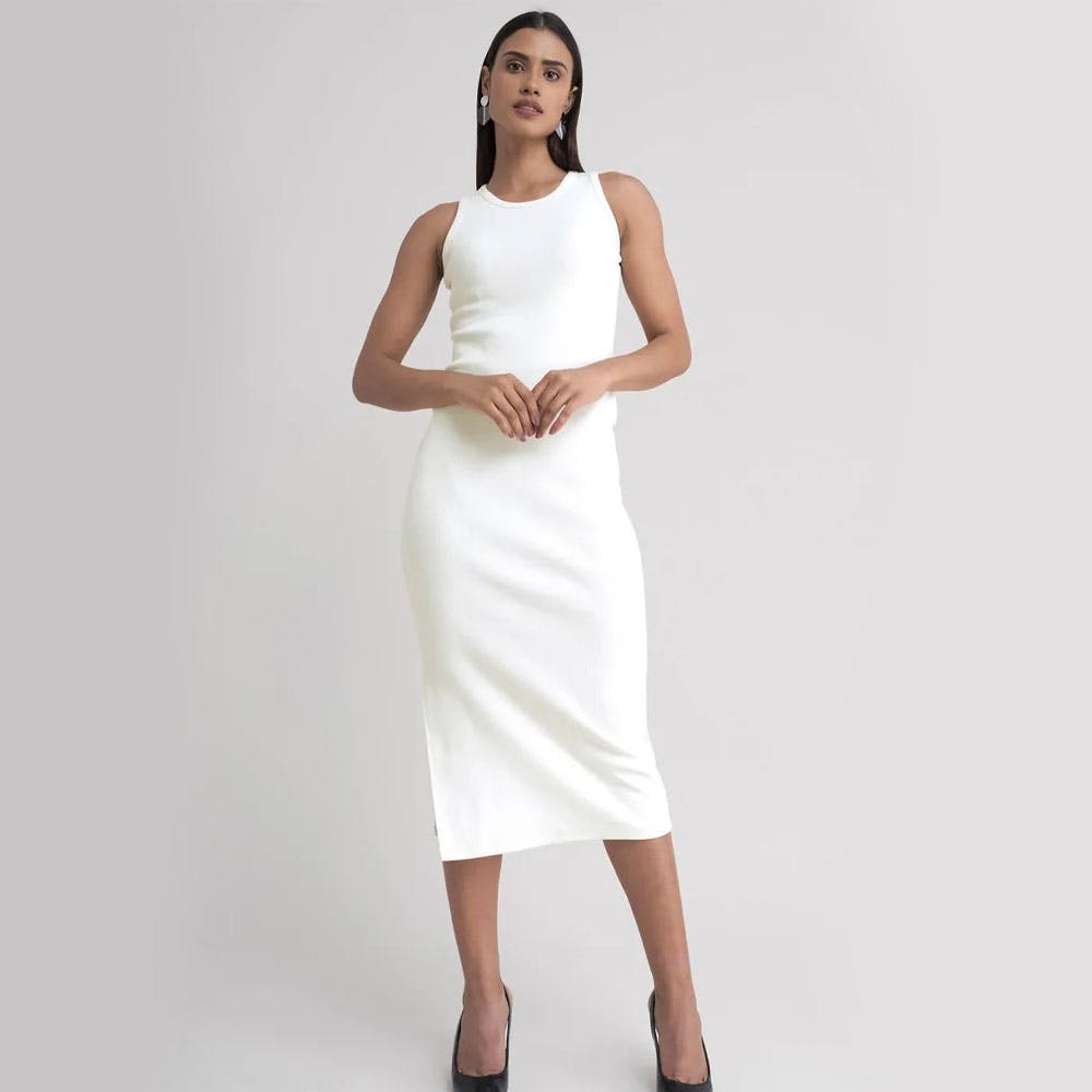 Ribbed Knit Bodycon Dress - Off White