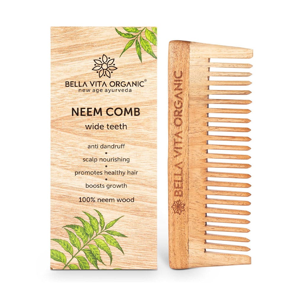 Bella Vita Organic Neem wooden comb wide teeth for detangled hair, healthy & dandruff free scalp