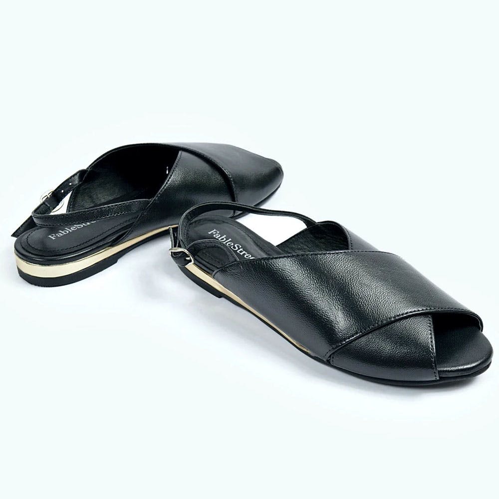 Crossover Flat Leather Slingback Sandals - Black
