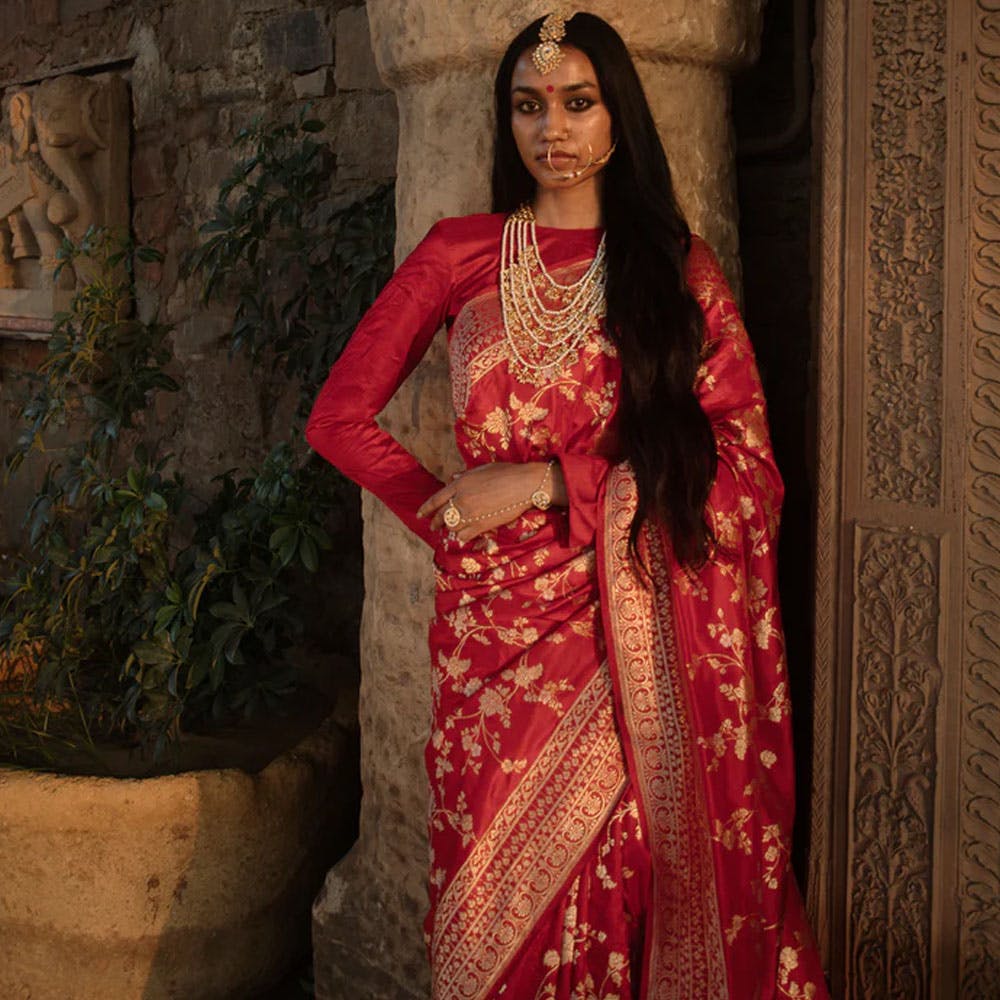 Red Benarasi Handloom Silk Saree With Zari