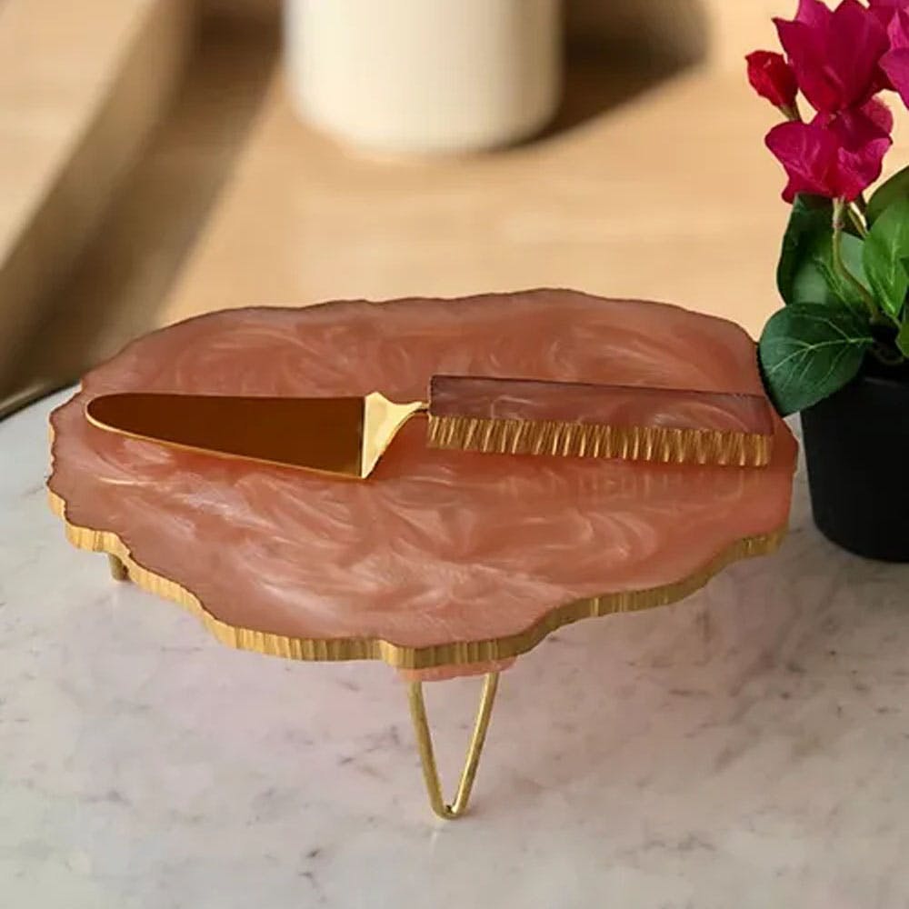 Feather Pink Lava Resin Cake Stand with Server (Set of 2)