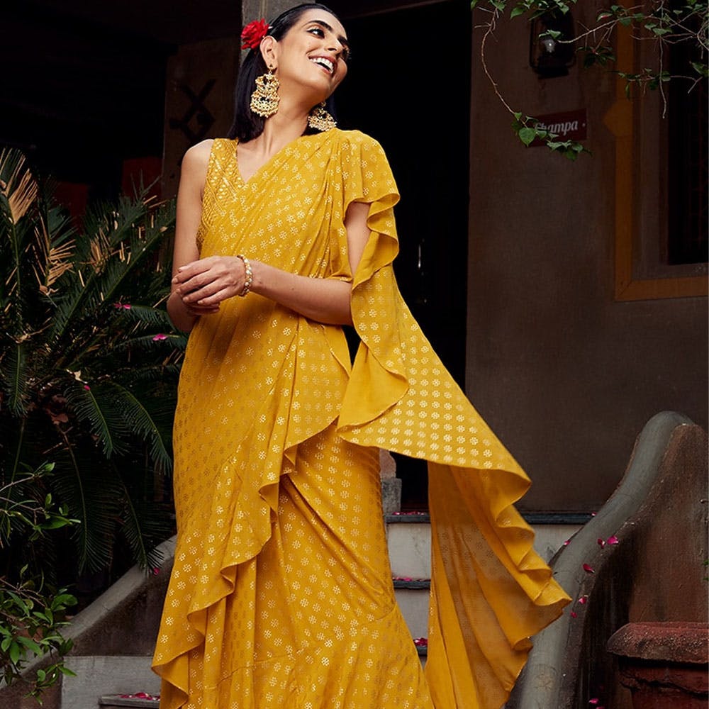 Yellow Foil Ruffled Pre-Stitched Saree
