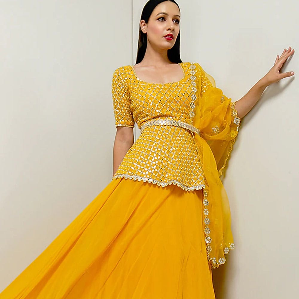 Yellow Sequins Embroidered Lehenga Set With Belt