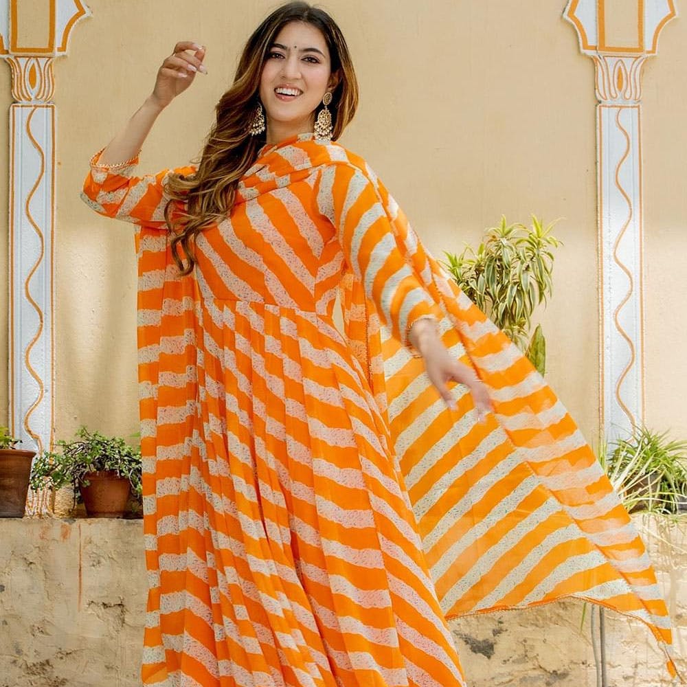 Orange Tango Leheriya Kalidar Kurta Pant With Dupatta Set