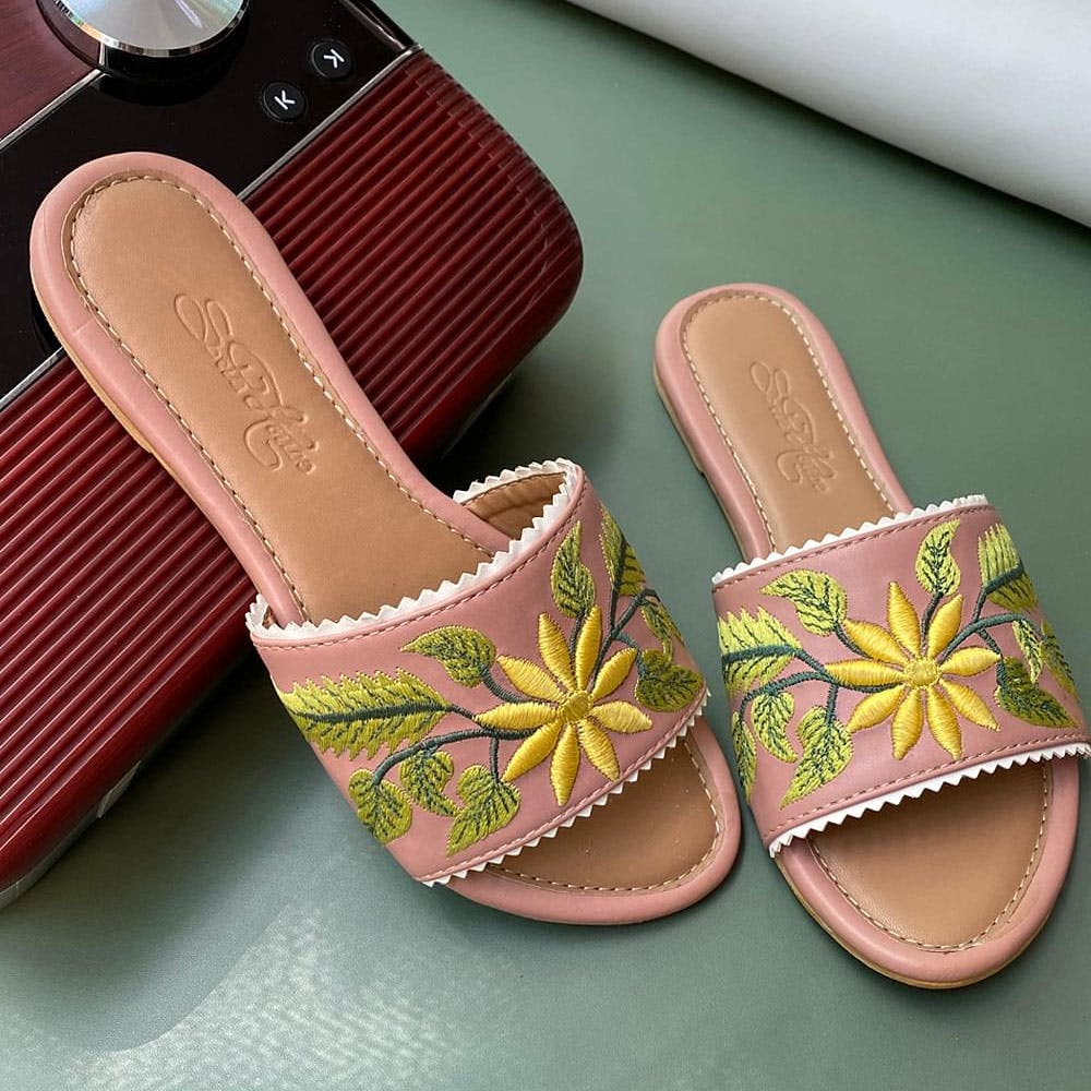 Women Yellow Flower Embroidered Slides