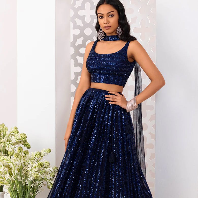 Navy Sequinned Lehenga Set With Strappy Blouse & Dupatta