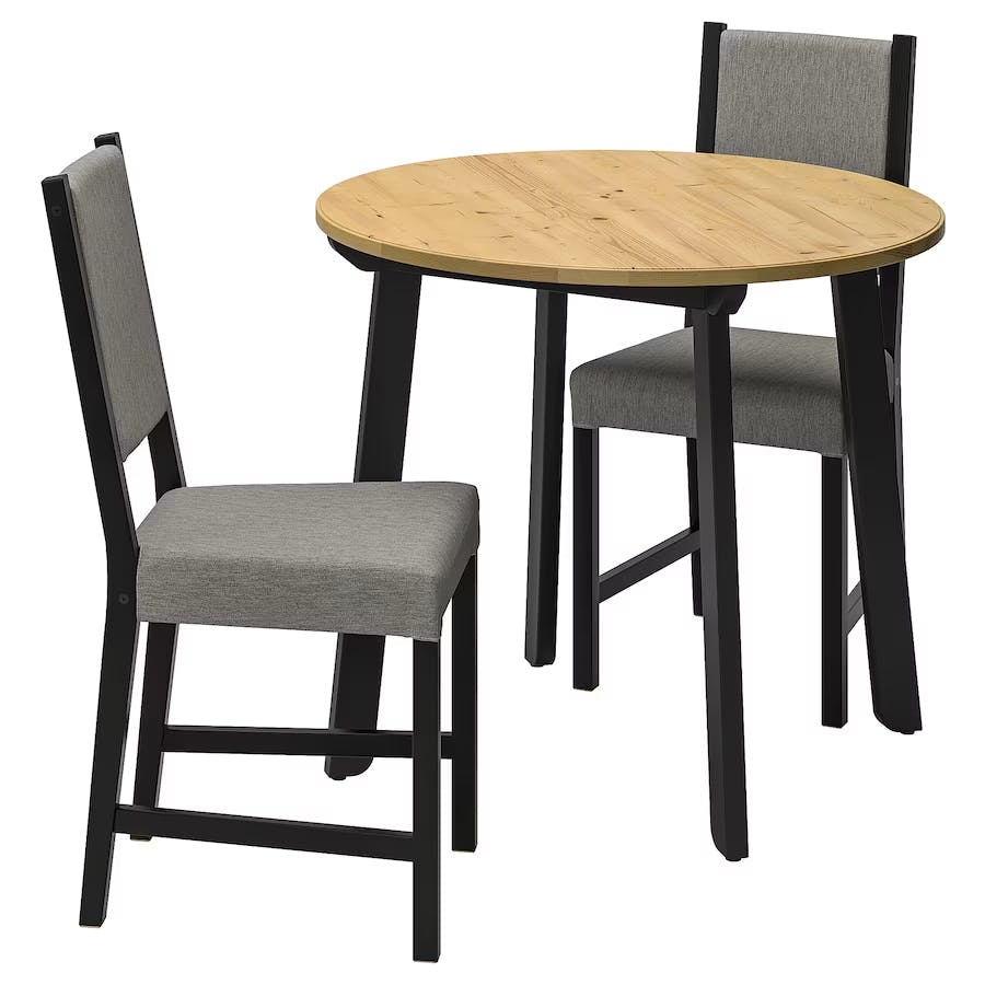Table and 2 chairs, light antique stain black stained/Knisa grey/beige
