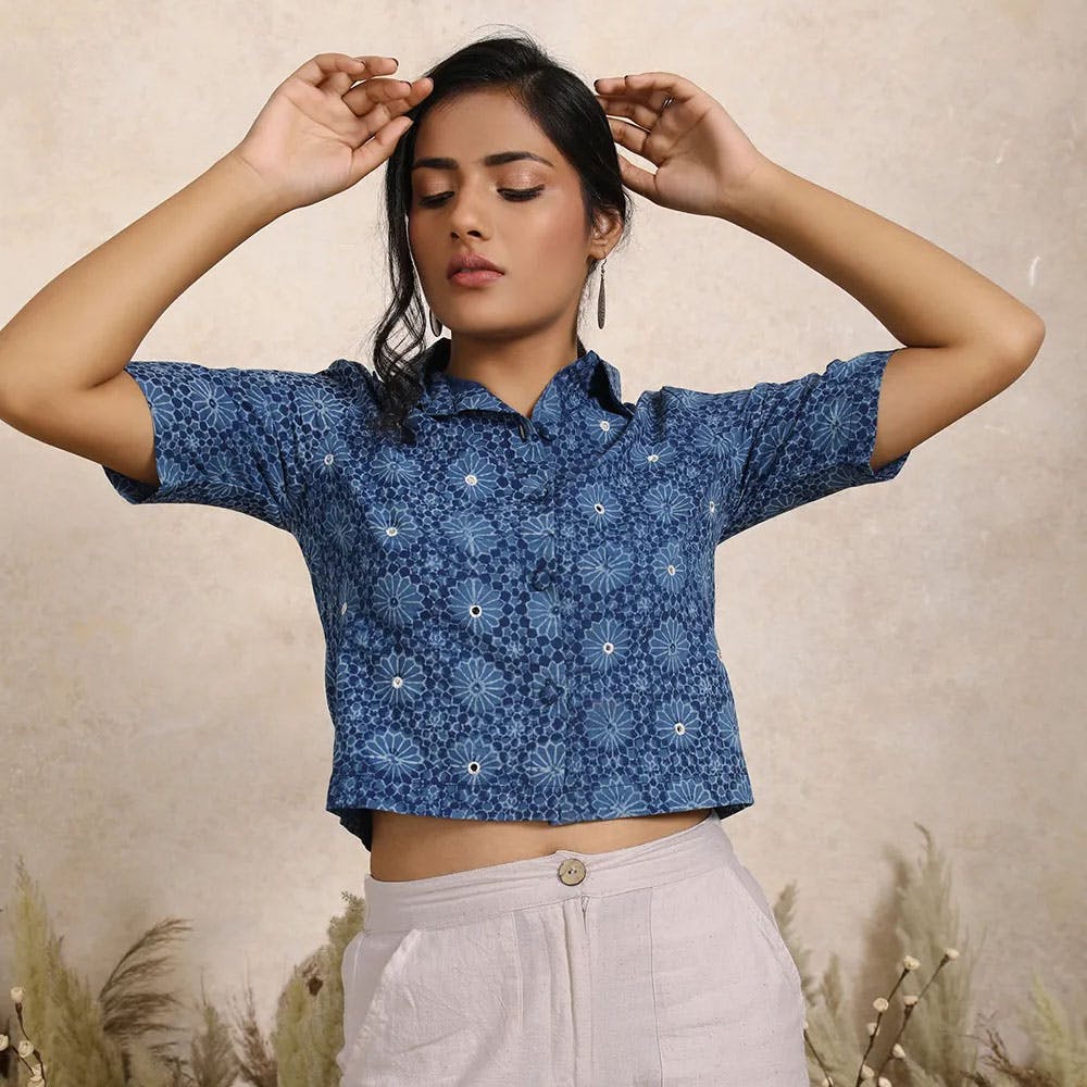 Gulbahaar Dabu Print Crop Top with Mirrorwork