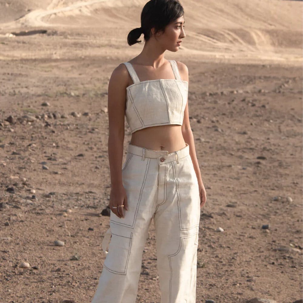 Cropped Zipper Bustier With Wide Leg Stitch Pants