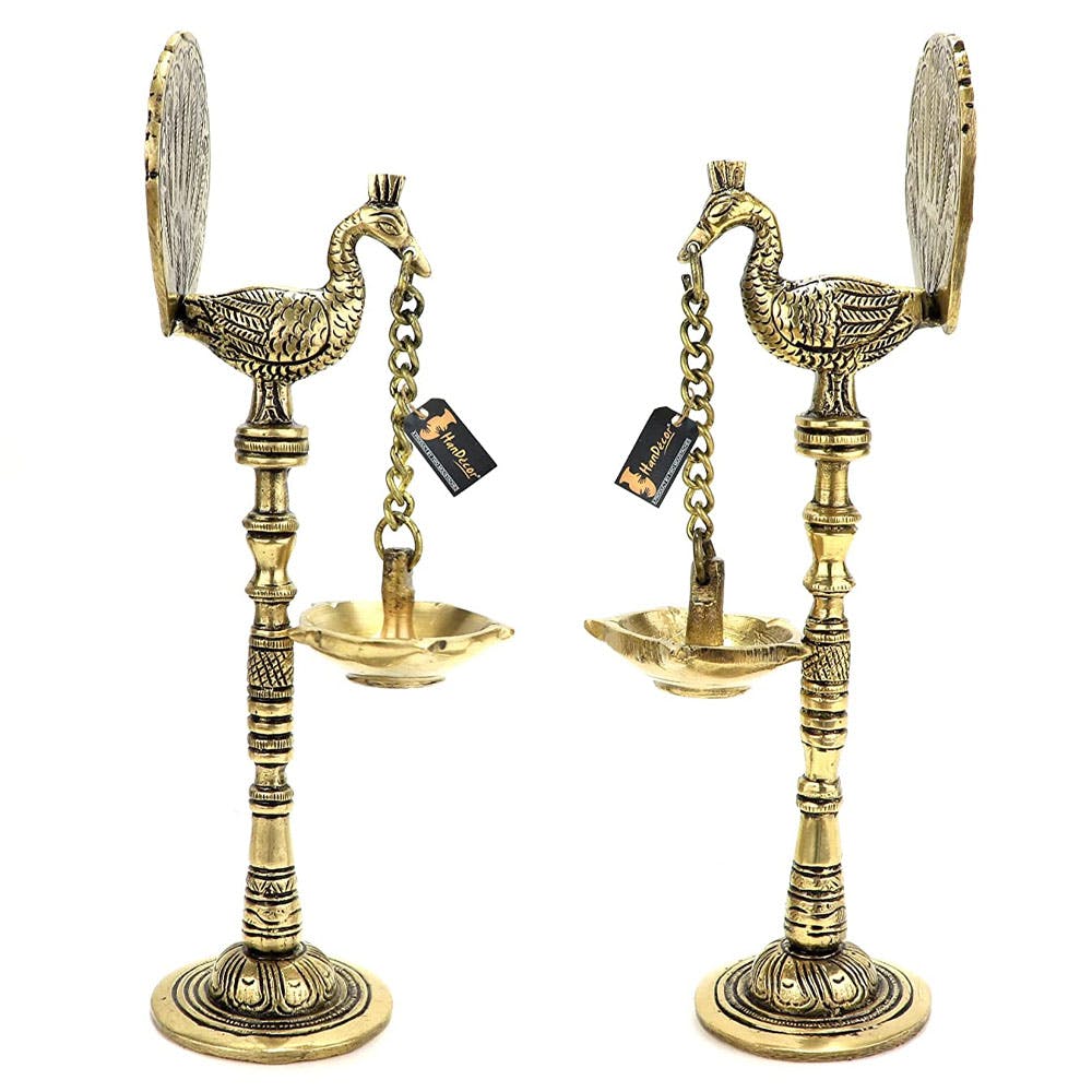 Two Moustaches Peacock Design 9 Inches Brass Hanging Diya Pair