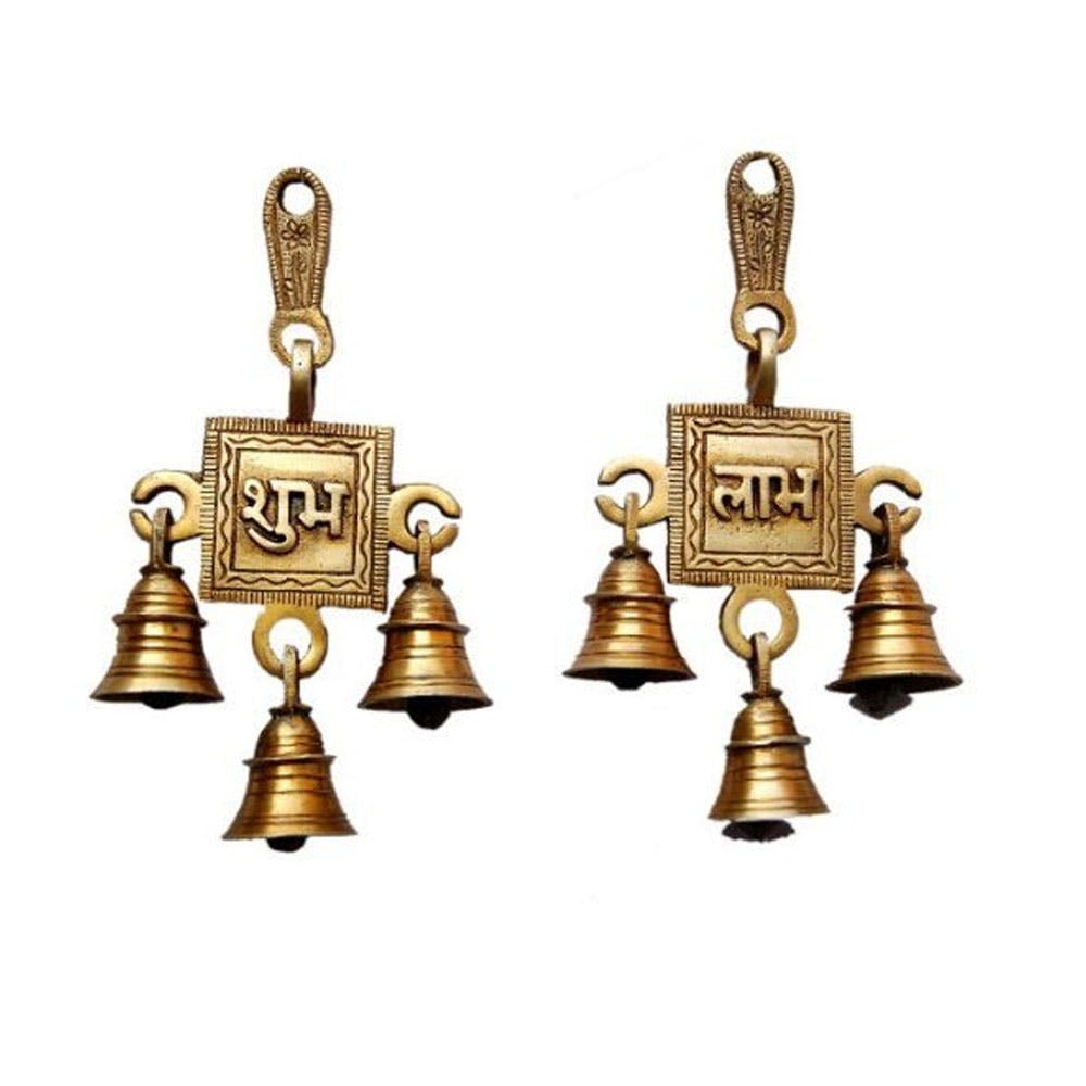 Brass Subh Labh Pair Decorative Hanging Bell for Decorate Home Antique Finish