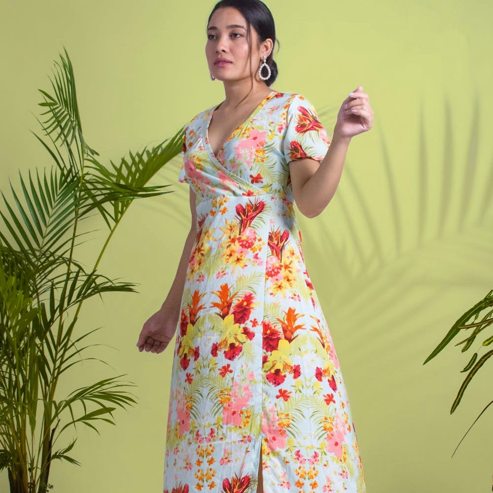 Side Slit Detail Floral Printed Maxi Dress
