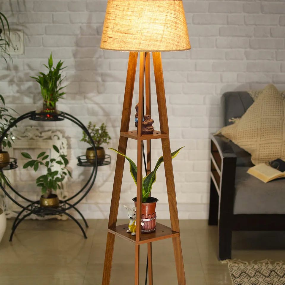 Faraday Wood Floor Lamp Shelf Walnut Jute