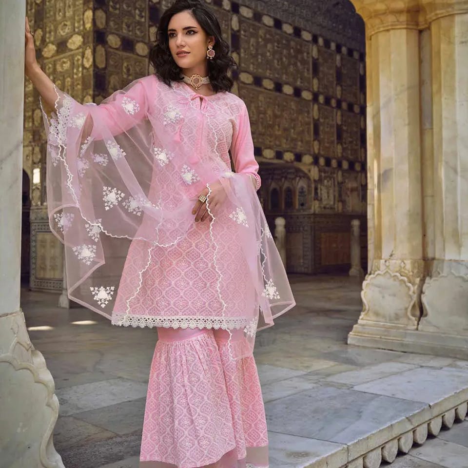 Embroidered Mulmul Cotton Pakistani Suit in Pink : KAF280