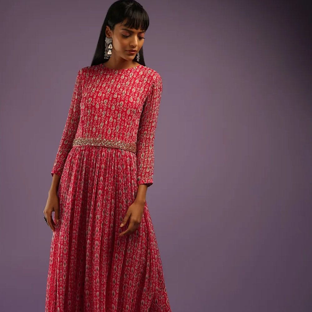 Barberry Red Jumpsuit with Belt in Georgette and Printed Zari