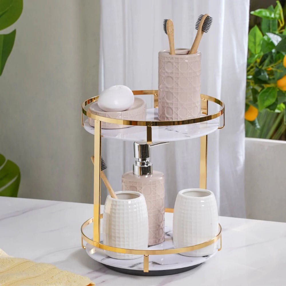 Two Tier Rotating Marble Storage Rack Gold