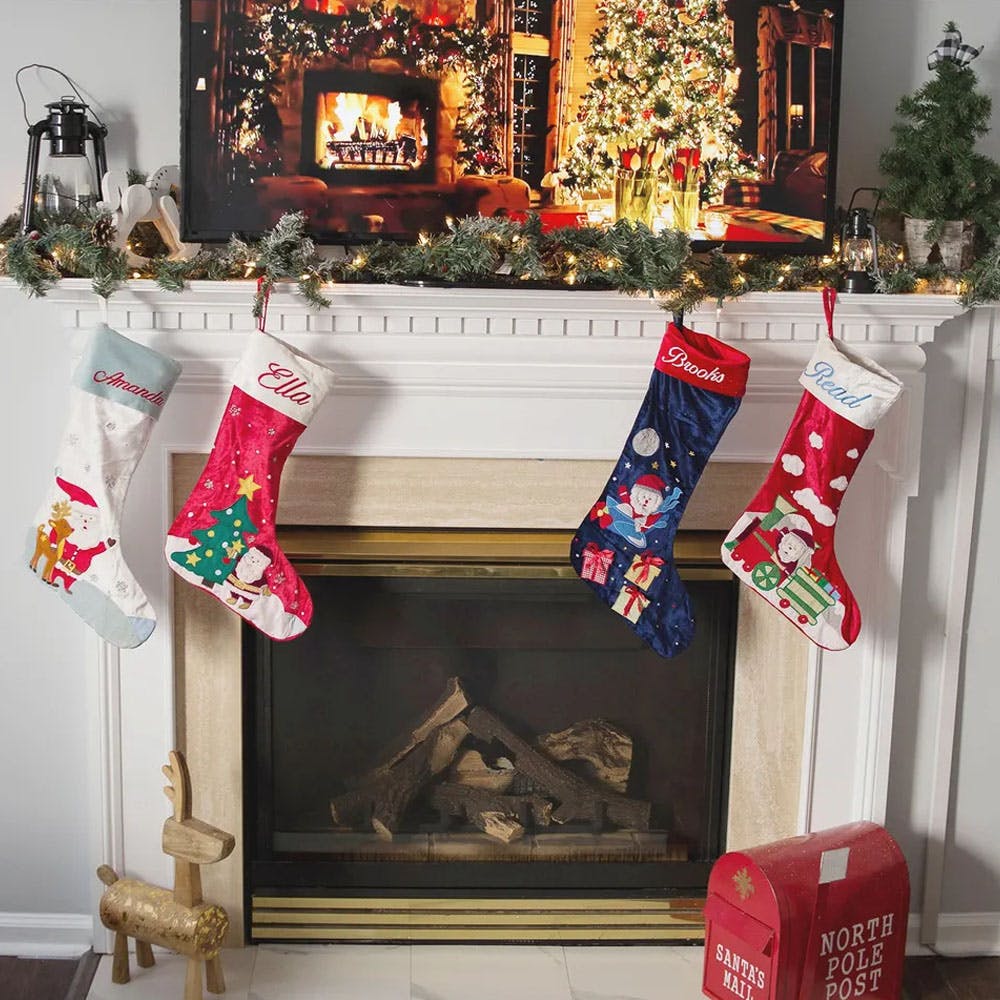 Property,Christmas ornament,Interior design,Lighting,Christmas stocking,Rectangle,Wood,Christmas decoration,Red,Decoration