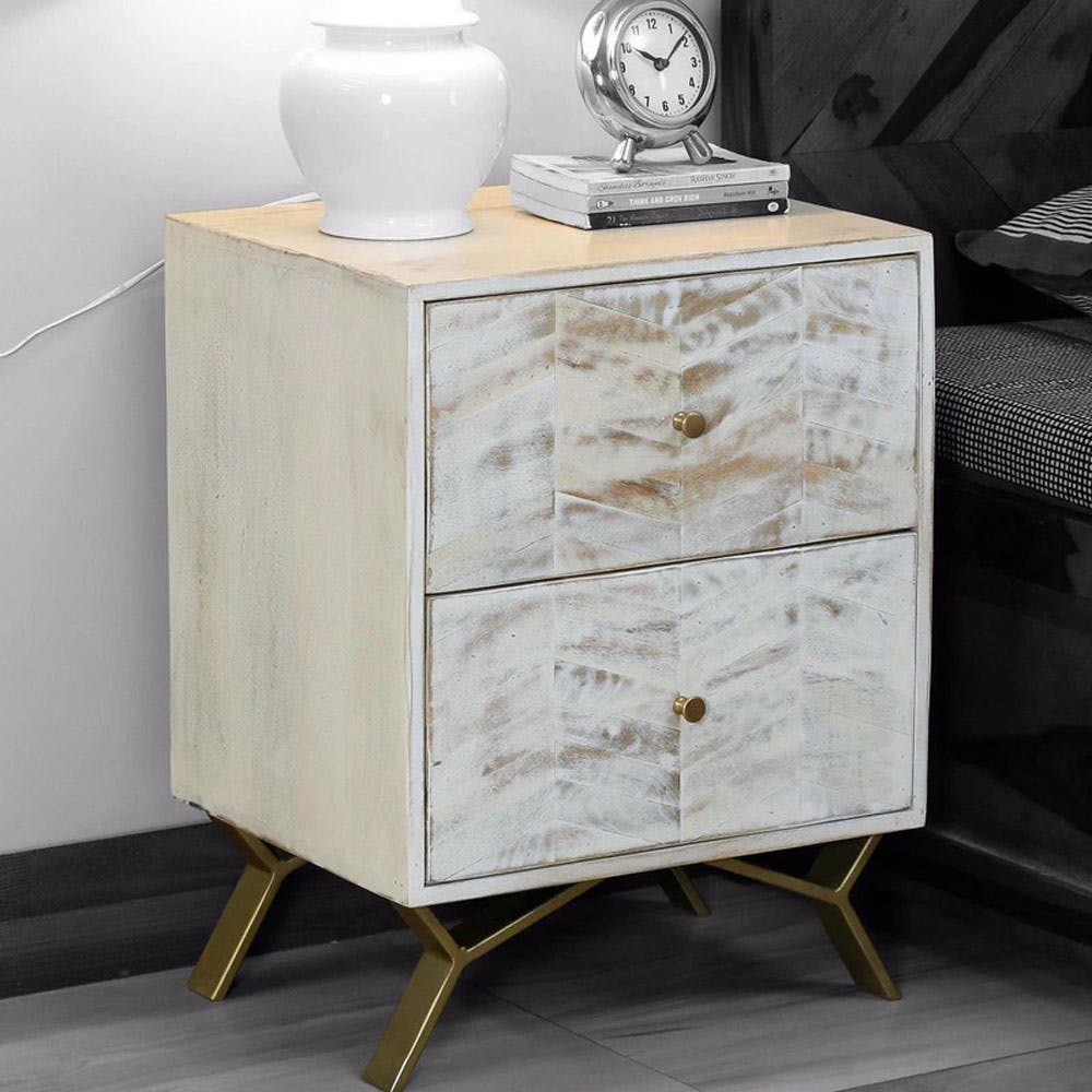 Damakas Solid Wood Bedside Table In Distress Finish