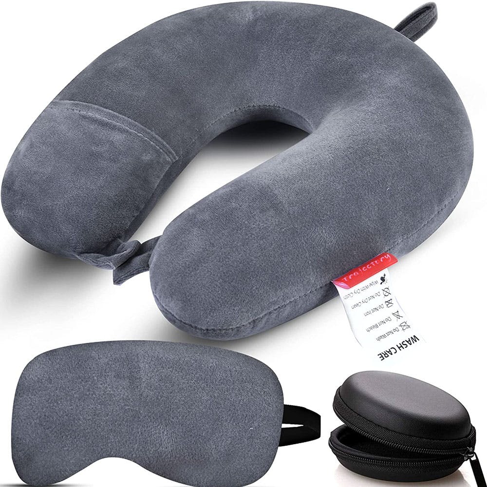 Grey Neck Pillow Rest Cushion with Velvet Eyemask & Earphone Case