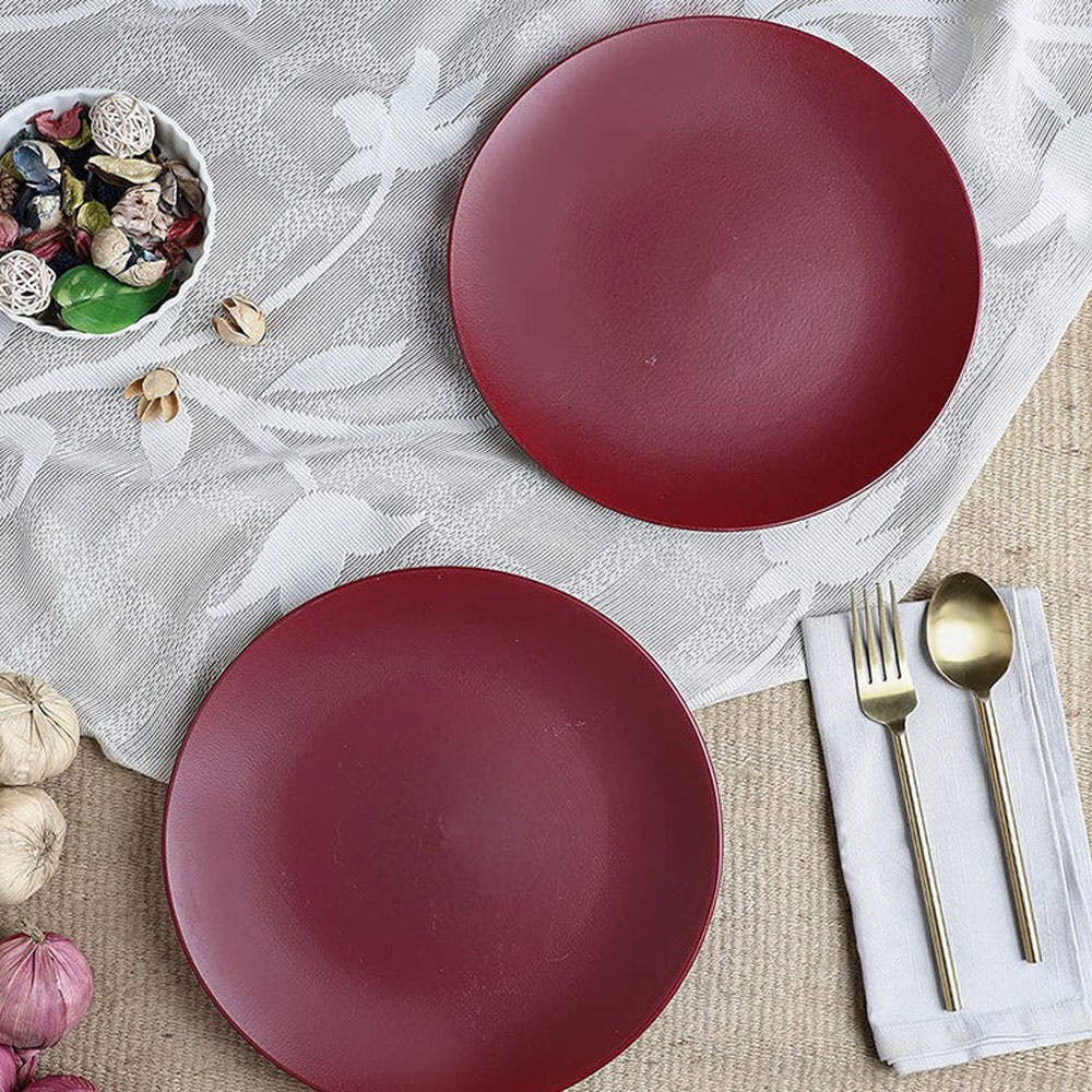 Handpainted Matte Magenta Ceramic Dinner Plates Set Of 2