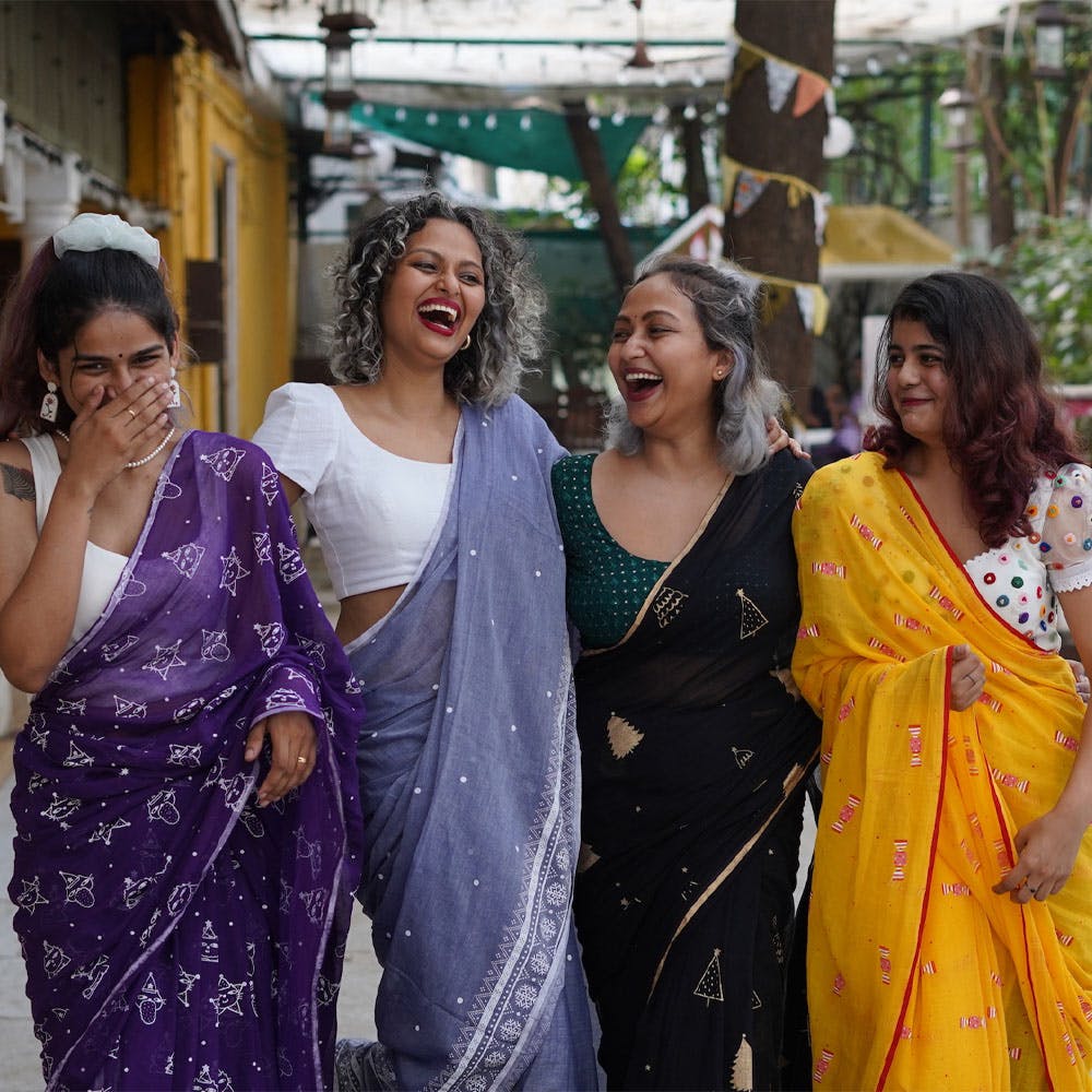 Face,Smile,Sari,Temple,Fashion,Purple,Happy,Interaction,Necklace,Fun