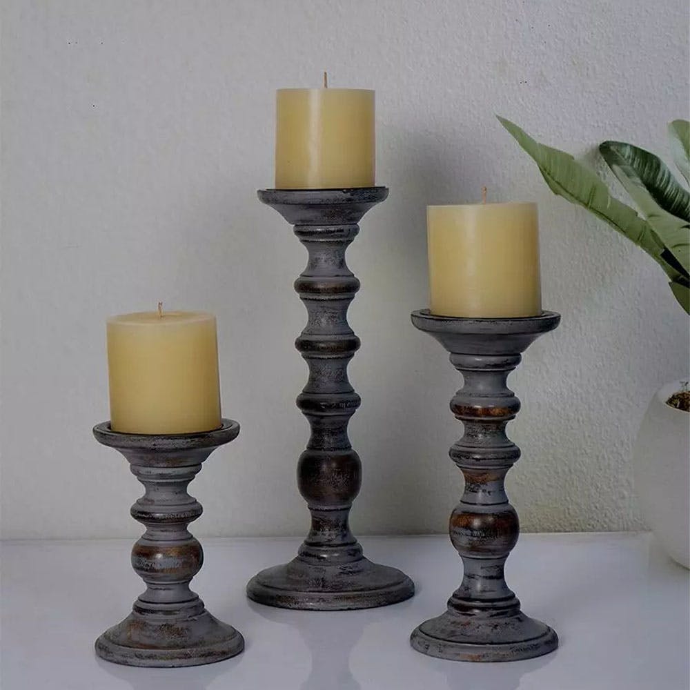 Distressed Wood Grey Candle Holders