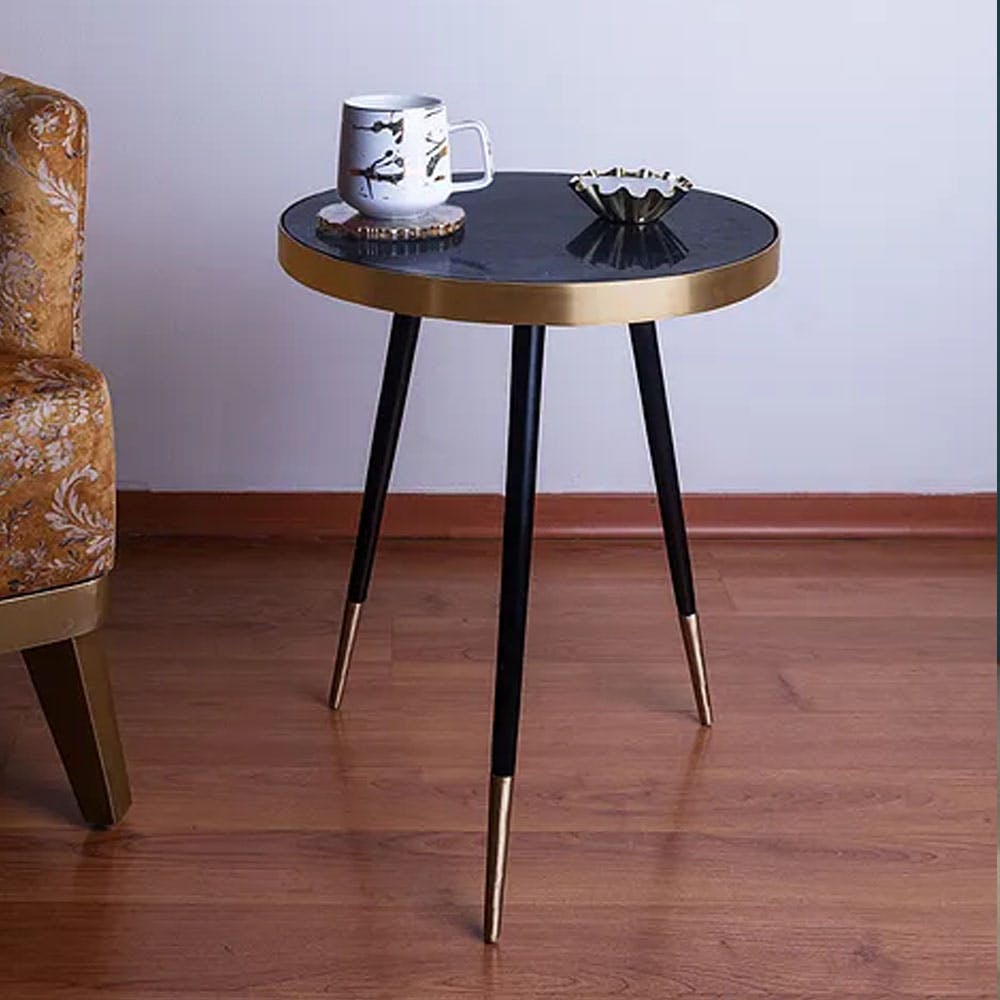Black Marble And Aluminium End Table With Stand (D- 16in, H- 21in)