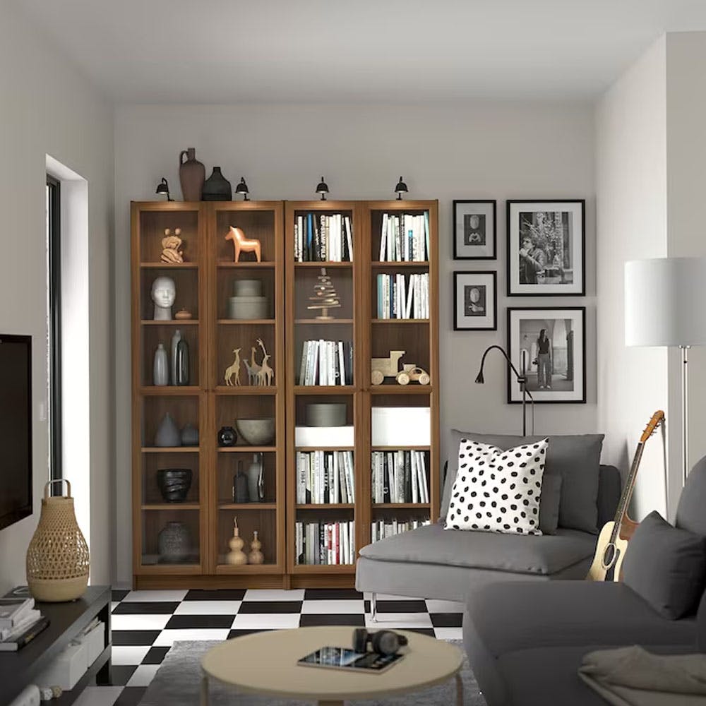 Bookcase combination w glass doors, brown walnut effect
