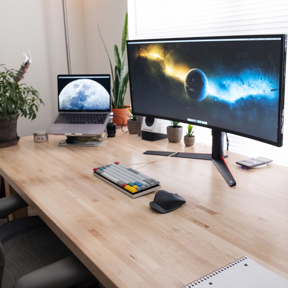 Computer,Plant,Personal computer,Table,Computer desk,Furniture,Output device,Peripheral,Computer monitor,Desk