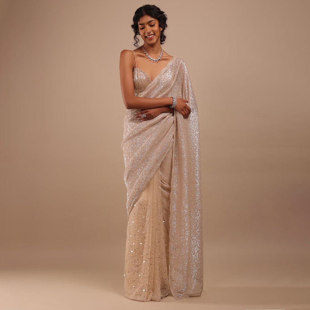 Peach Shimmer Saree In Gold Sequins And Stones Embroidery