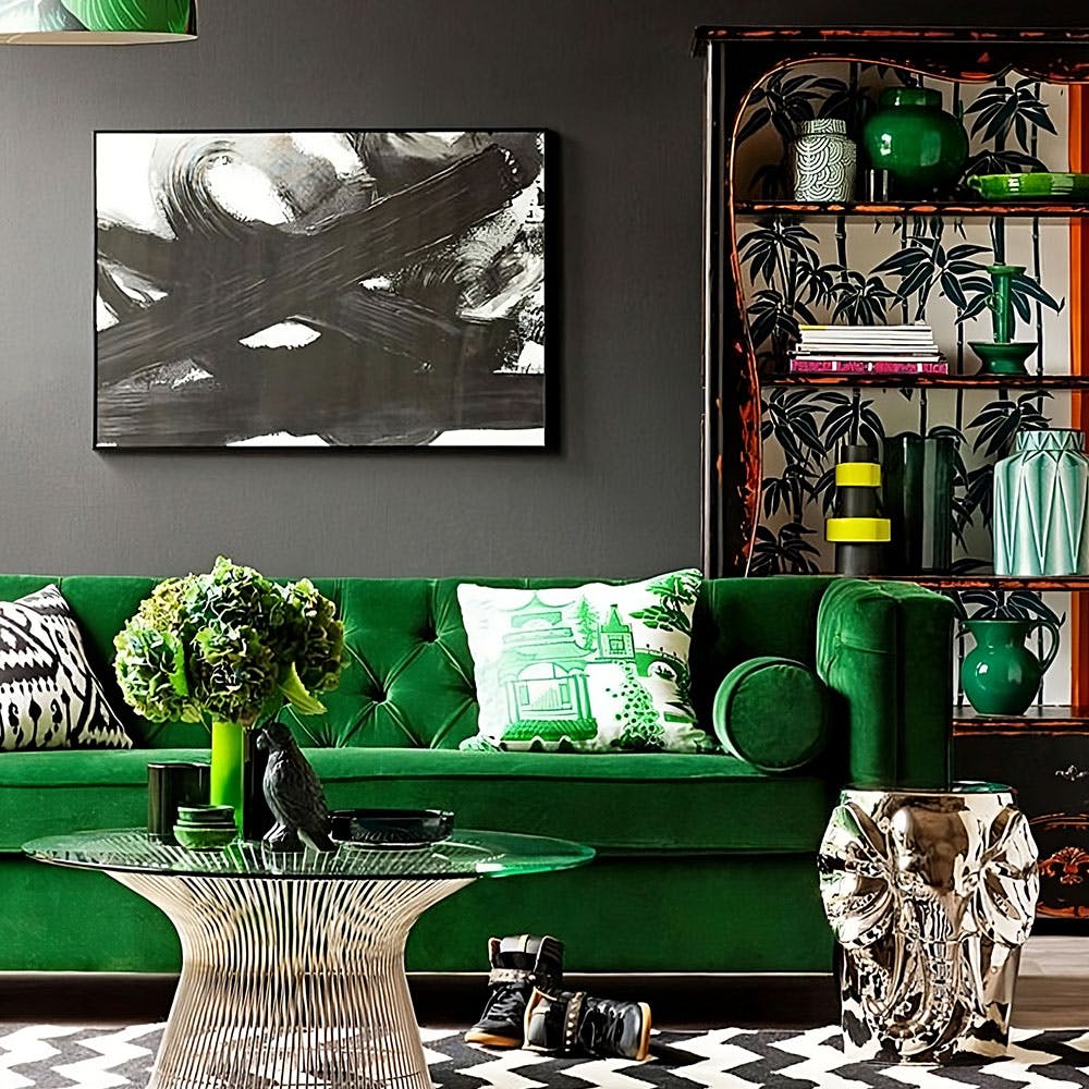 Green,Couch,Black,Rectangle,Lighting,Interior design,Table,Lamp,Art,Wall