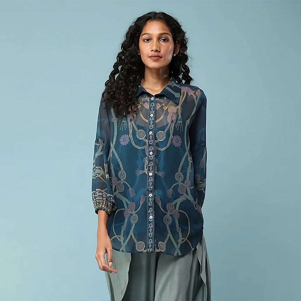 Teal Printed Blouse with Inner (Set of 2)